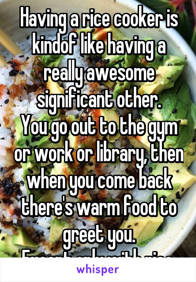 Having a rice cooker is kindof like having a really awesome significant other.
You go out to the gym or work or library, then when you come back there's warm food to greet you.
Except only with rice.