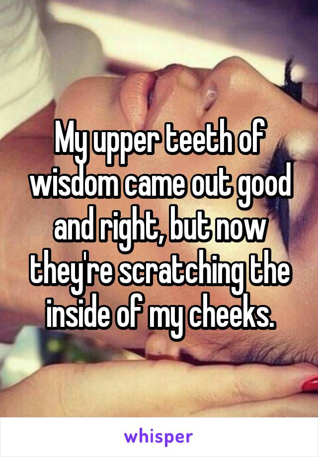 My upper teeth of wisdom came out good and right, but now they're scratching the inside of my cheeks.