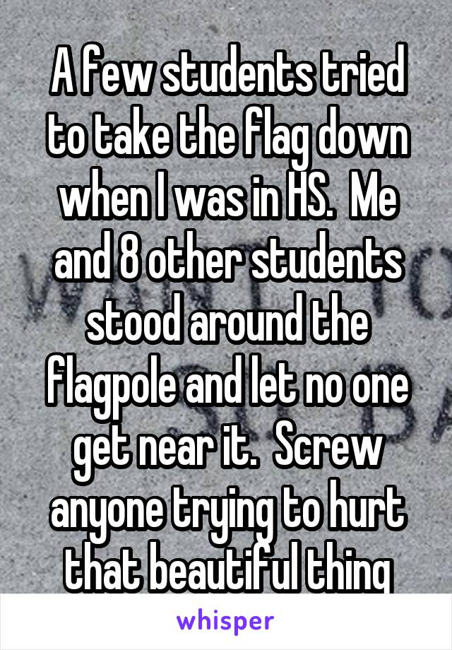 A few students tried to take the flag down when I was in HS.  Me and 8 other students stood around the flagpole and let no one get near it.  Screw anyone trying to hurt that beautiful thing