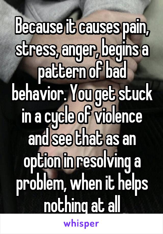 Because it causes pain, stress, anger, begins a pattern of bad behavior. You get stuck in a cycle of violence and see that as an option in resolving a problem, when it helps nothing at all