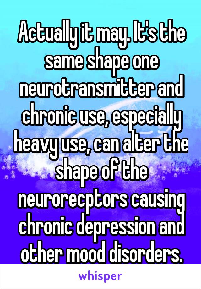 Actually it may. It's the same shape one neurotransmitter and chronic use, especially heavy use, can alter the shape of the neurorecptors causing chronic depression and other mood disorders.