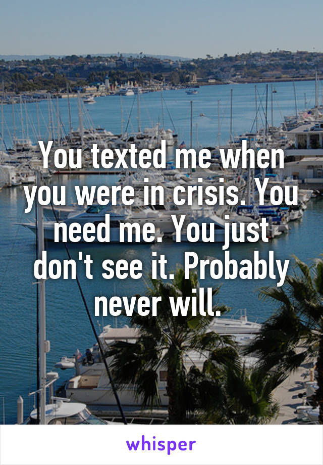 You texted me when you were in crisis. You need me. You just don't see it. Probably never will. 