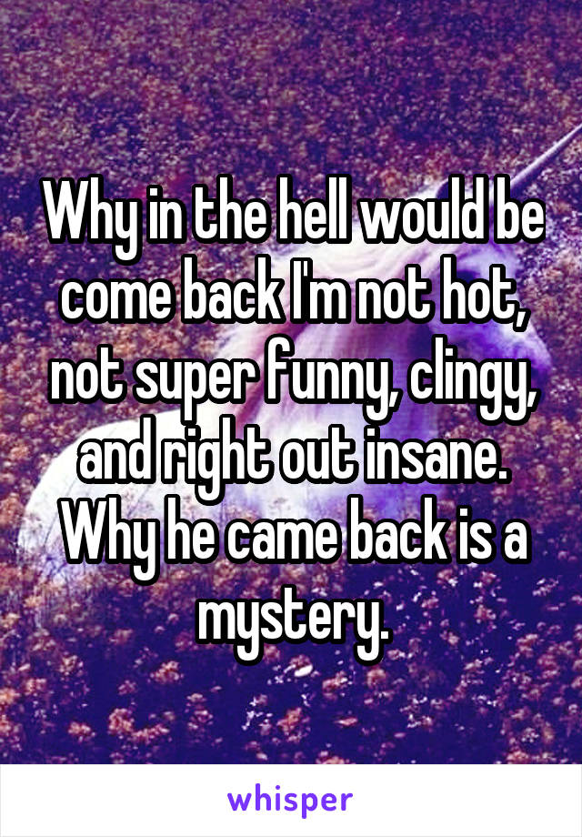 Why in the hell would be come back I'm not hot, not super funny, clingy, and right out insane. Why he came back is a mystery.