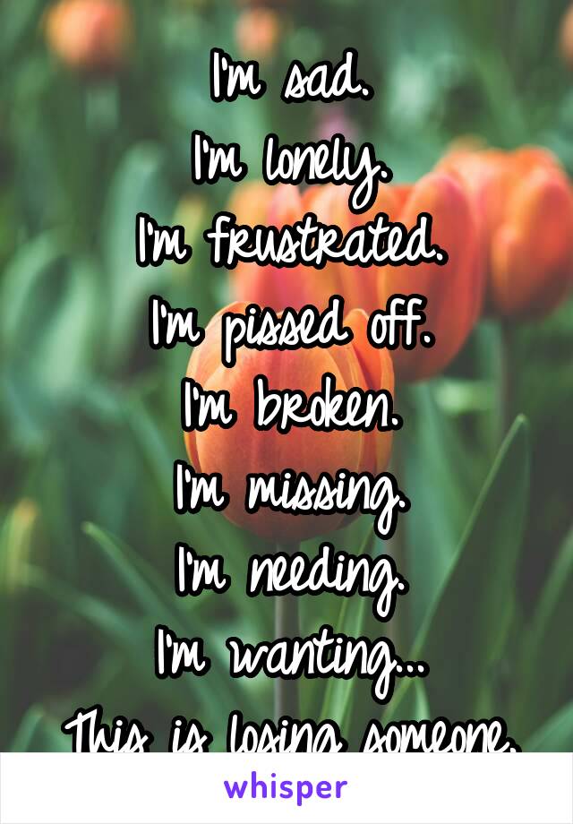 I'm sad.
I'm lonely.
I'm frustrated.
I'm pissed off.
I'm broken.
I'm missing.
I'm needing.
I'm wanting...
This is losing someone.