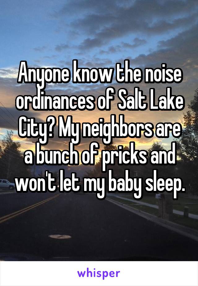Anyone know the noise ordinances of Salt Lake City? My neighbors are a bunch of pricks and won't let my baby sleep. 