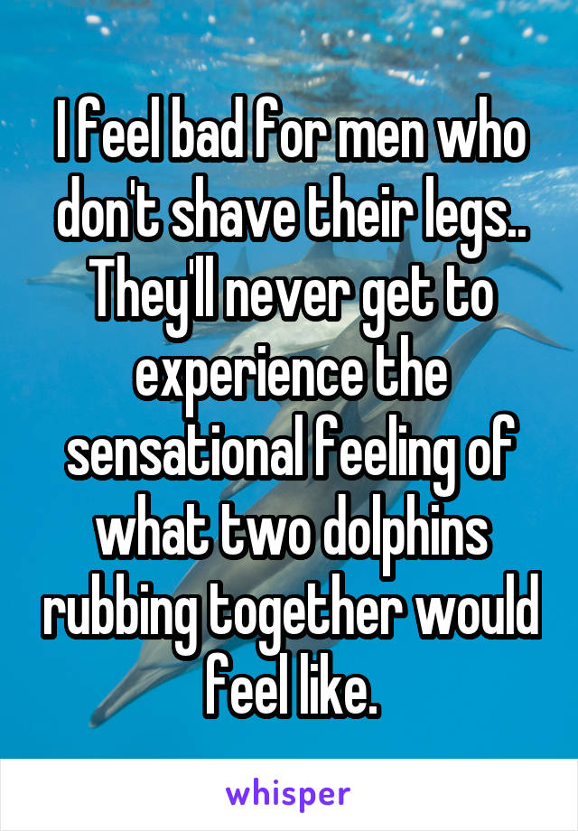 I feel bad for men who don't shave their legs..
They'll never get to experience the sensational feeling of what two dolphins rubbing together would feel like.