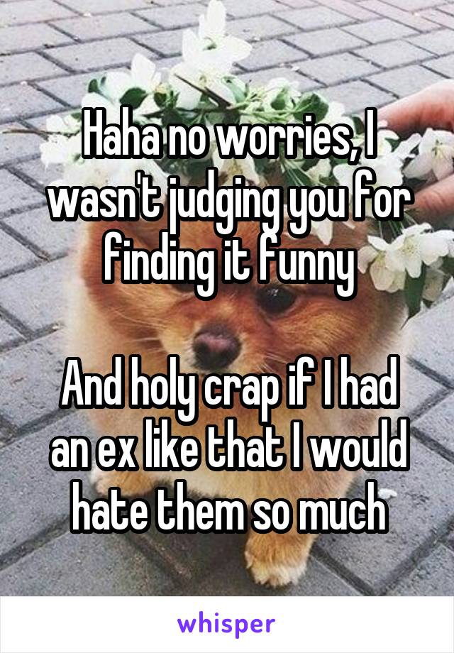 Haha no worries, I wasn't judging you for finding it funny

And holy crap if I had an ex like that I would hate them so much
