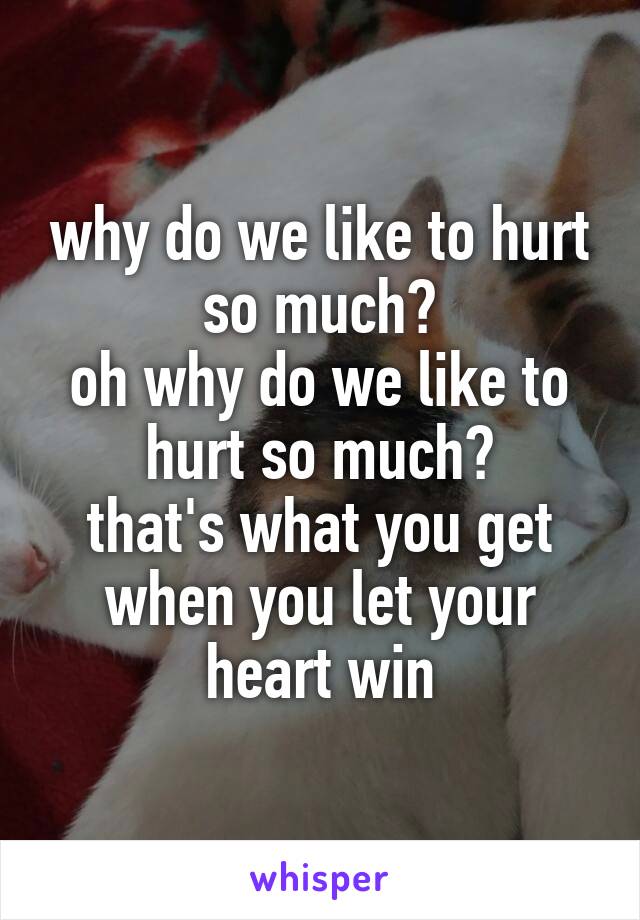 why do we like to hurt so much?
oh why do we like to hurt so much?
that's what you get when you let your heart win