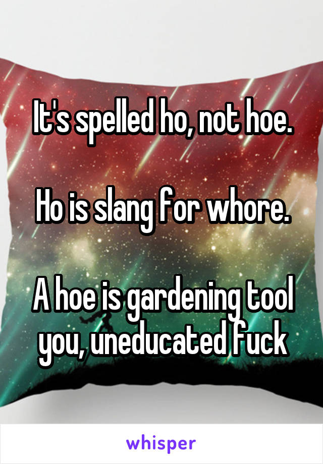 It's spelled ho, not hoe.

Ho is slang for whore.

A hoe is gardening tool you, uneducated fuck