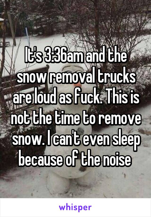 It's 3:36am and the snow removal trucks are loud as fuck. This is not the time to remove snow. I can't even sleep because of the noise 