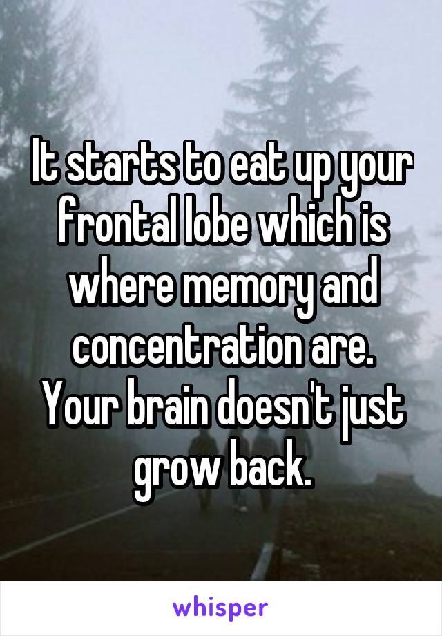 It starts to eat up your frontal lobe which is where memory and concentration are. Your brain doesn't just grow back.