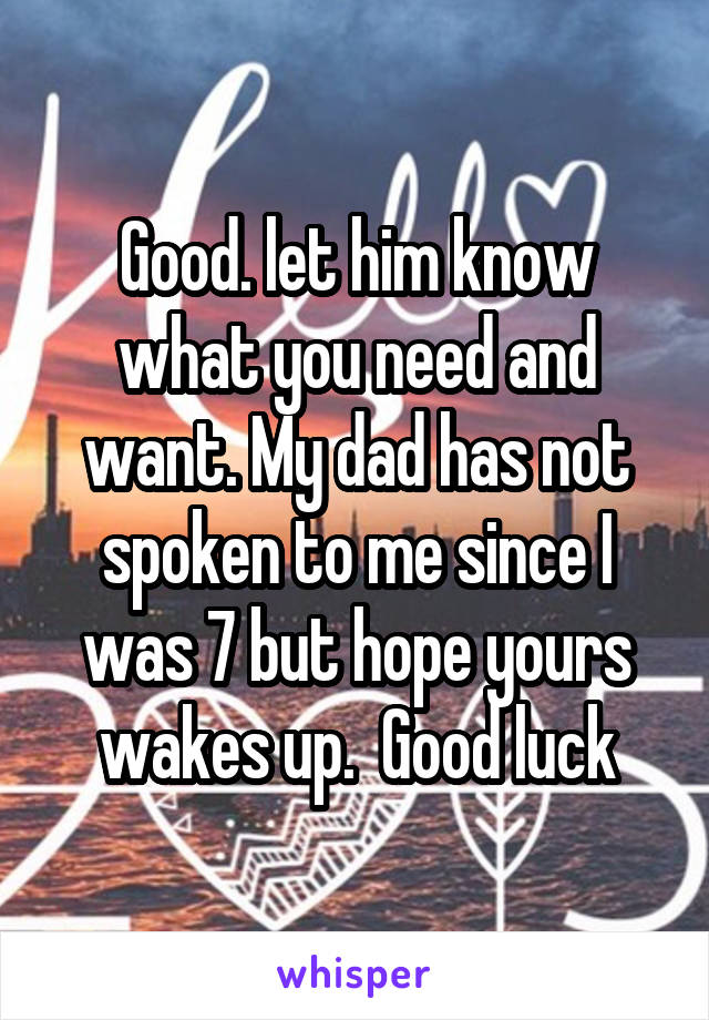 Good. let him know what you need and want. My dad has not spoken to me since I was 7 but hope yours wakes up.  Good luck