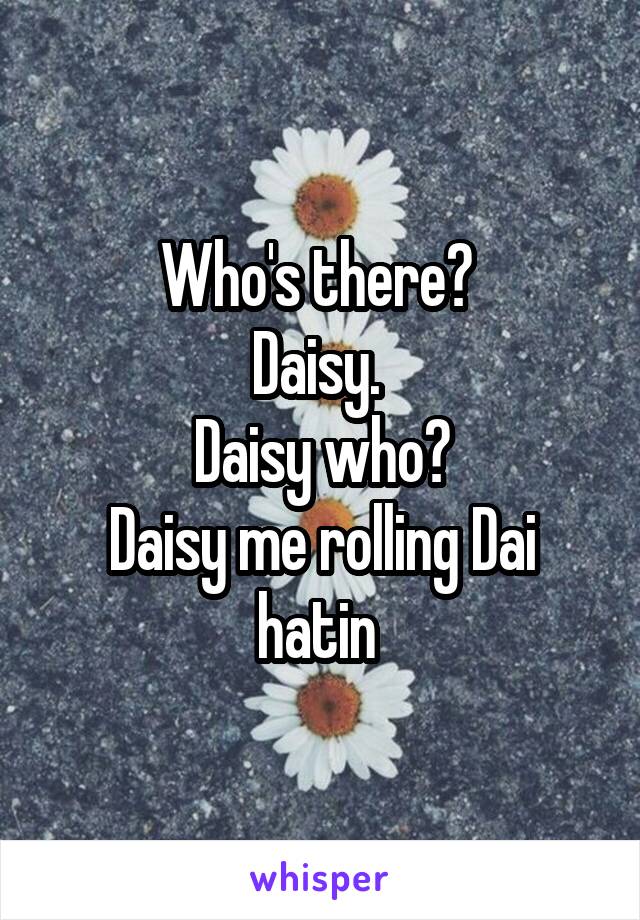 Who's there? 
Daisy. 
Daisy who?
Daisy me rolling Dai hatin 