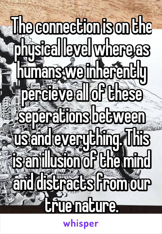 The connection is on the physical level where as humans we inherently percieve all of these seperations between us and everything. This is an illusion of the mind and distracts from our true nature.