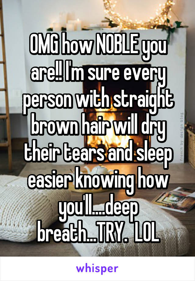 OMG how NOBLE you are!! I'm sure every person with straight brown hair will dry their tears and sleep easier knowing how you'll....deep breath...TRY.  LOL