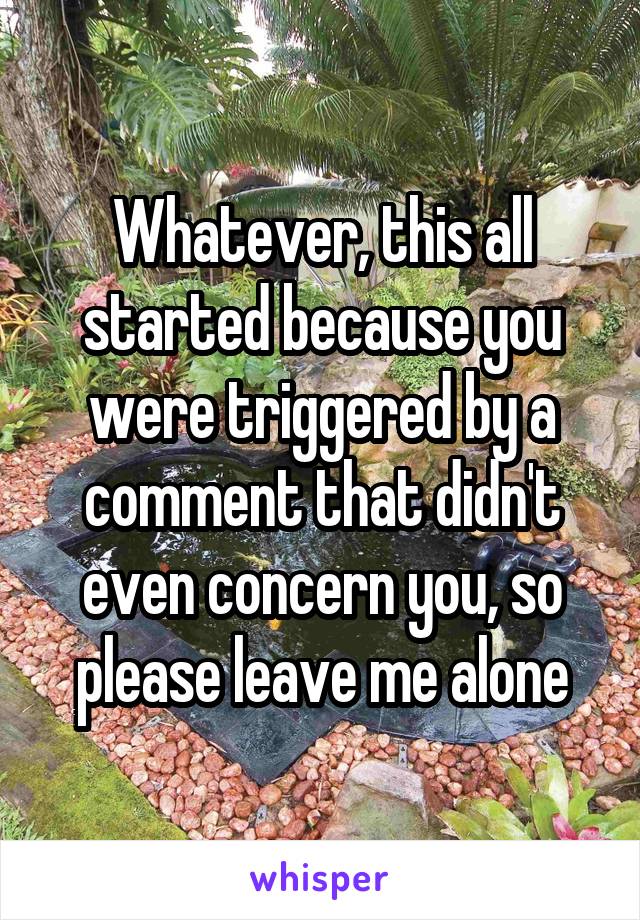 Whatever, this all started because you were triggered by a comment that didn't even concern you, so please leave me alone