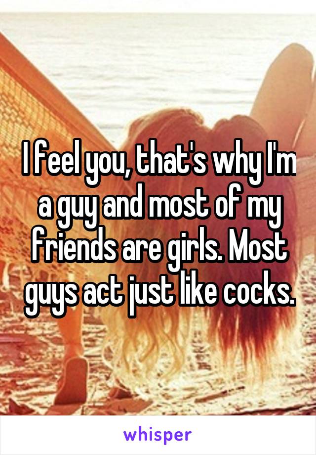 I feel you, that's why I'm a guy and most of my friends are girls. Most guys act just like cocks.