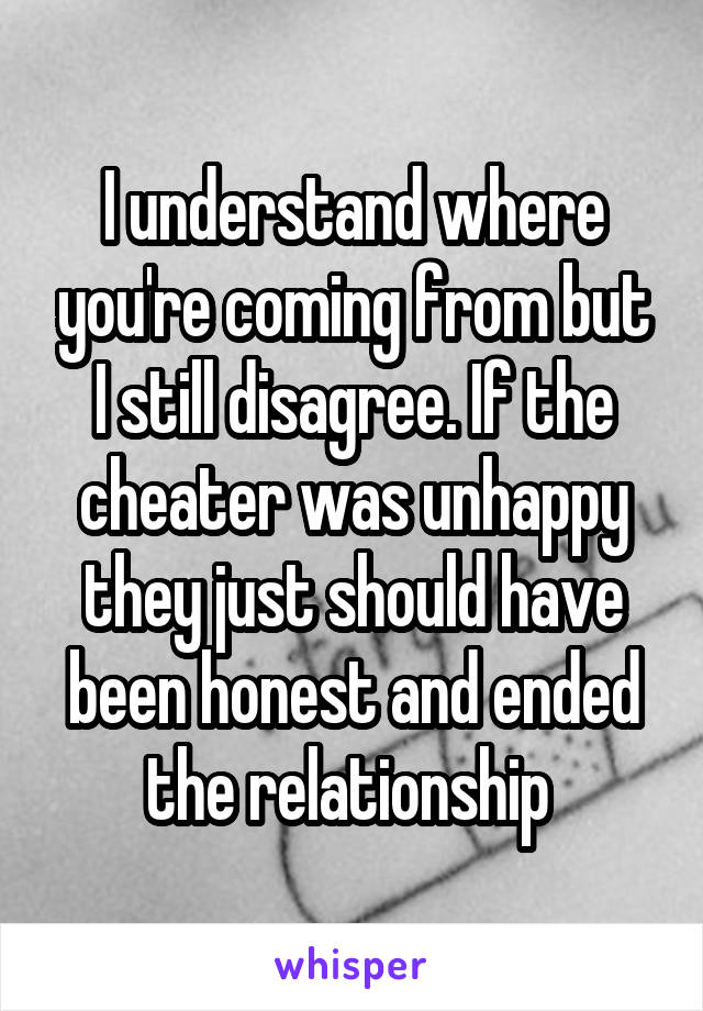 I understand where you're coming from but I still disagree. If the cheater was unhappy they just should have been honest and ended the relationship 