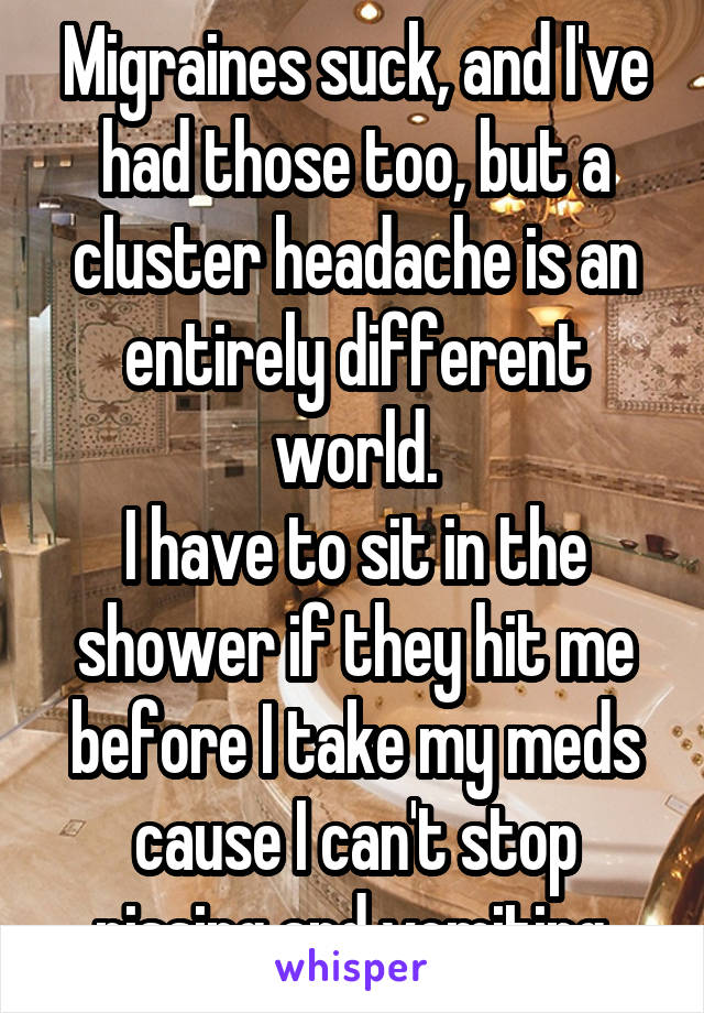 Migraines suck, and I've had those too, but a cluster headache is an entirely different world.
I have to sit in the shower if they hit me before I take my meds cause I can't stop pissing and vomiting.