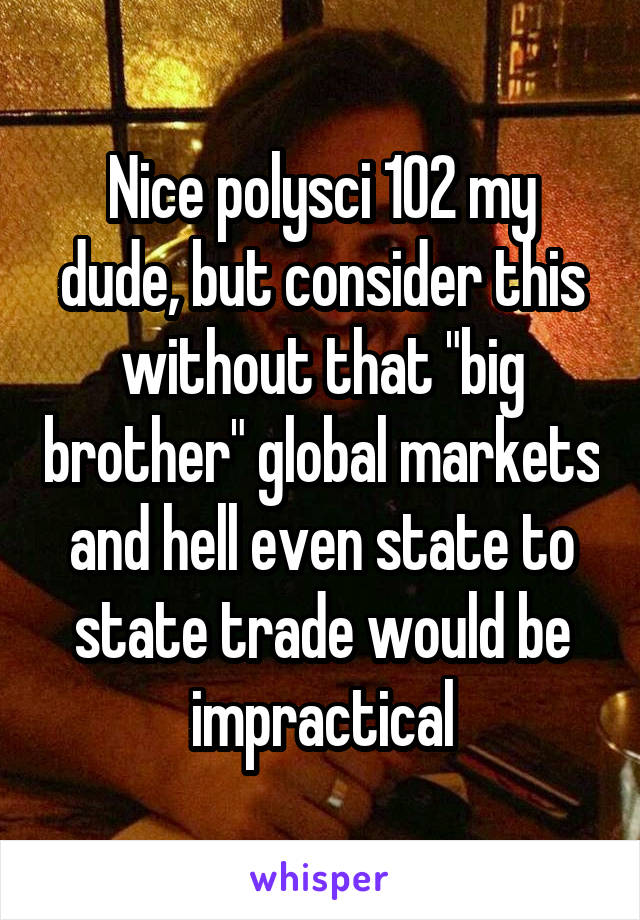 Nice polysci 102 my dude, but consider this without that "big brother" global markets and hell even state to state trade would be impractical