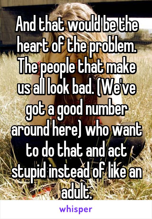 And that would be the heart of the problem. The people that make us all look bad. (We've got a good number around here) who want to do that and act stupid instead of like an adult.