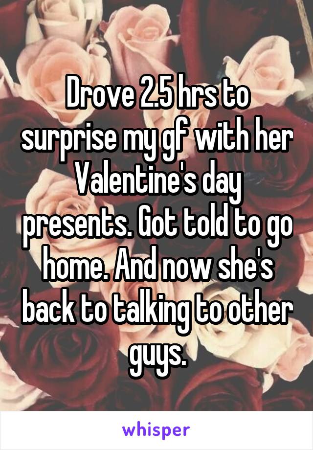 Drove 2.5 hrs to surprise my gf with her Valentine's day presents. Got told to go home. And now she's back to talking to other guys.