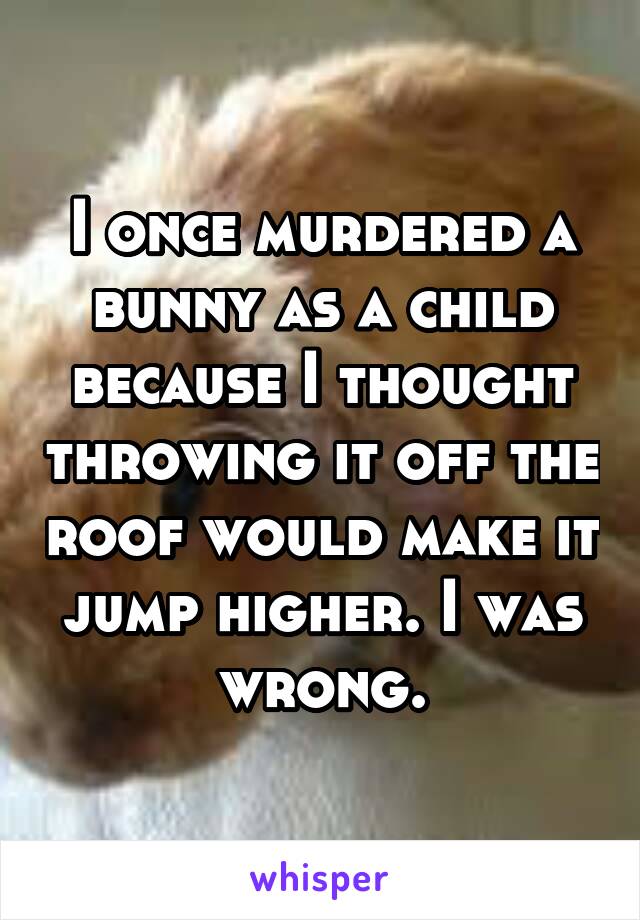 I once murdered a bunny as a child because I thought throwing it off the roof would make it jump higher. I was wrong.