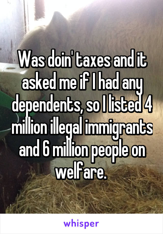 Was doin' taxes and it asked me if I had any dependents, so I listed 4 million illegal immigrants and 6 million people on welfare. 