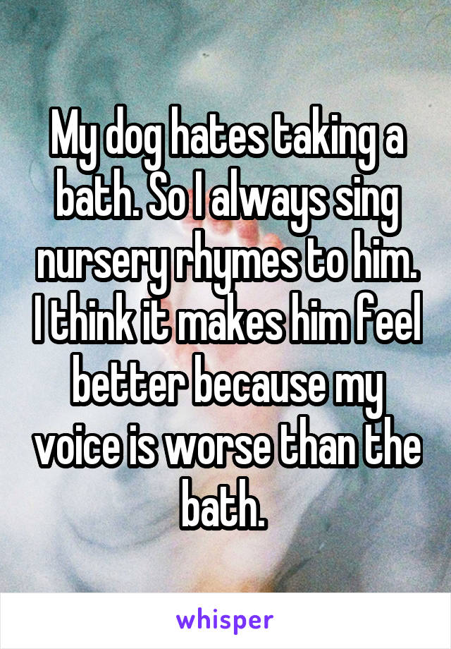 My dog hates taking a bath. So I always sing nursery rhymes to him. I think it makes him feel better because my voice is worse than the bath. 