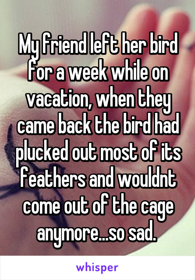 My friend left her bird for a week while on vacation, when they came back the bird had plucked out most of its feathers and wouldnt come out of the cage anymore...so sad. 