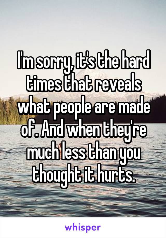 I'm sorry, it's the hard times that reveals what people are made of. And when they're much less than you thought it hurts.