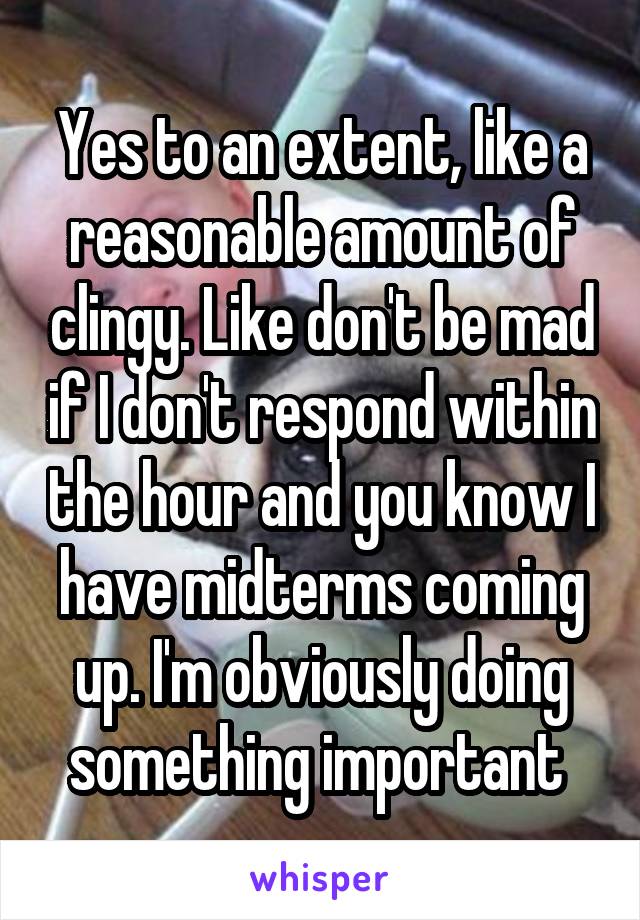 Yes to an extent, like a reasonable amount of clingy. Like don't be mad if I don't respond within the hour and you know I have midterms coming up. I'm obviously doing something important 