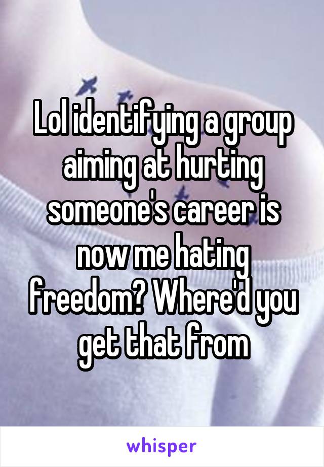 Lol identifying a group aiming at hurting someone's career is now me hating freedom? Where'd you get that from