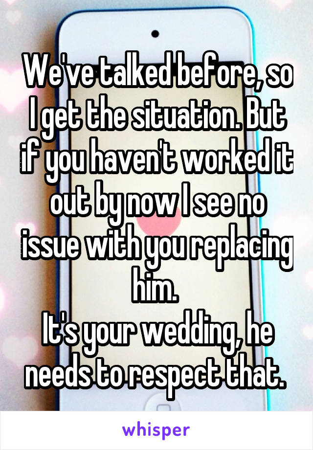 We've talked before, so I get the situation. But if you haven't worked it out by now I see no issue with you replacing him. 
It's your wedding, he needs to respect that. 