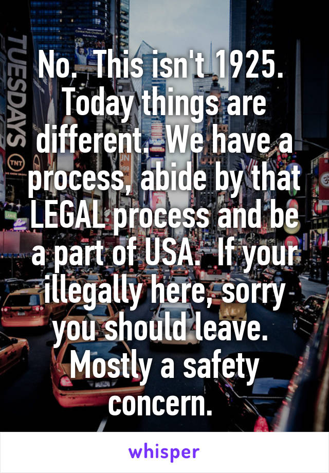 No.  This isn't 1925.  Today things are different.  We have a process, abide by that LEGAL process and be a part of USA.  If your illegally here, sorry you should leave.  Mostly a safety concern. 