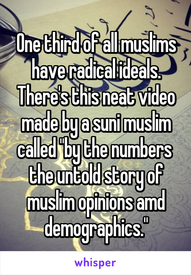 One third of all muslims have radical ideals. There's this neat video made by a suni muslim called "by the numbers  the untold story of muslim opinions amd demographics."