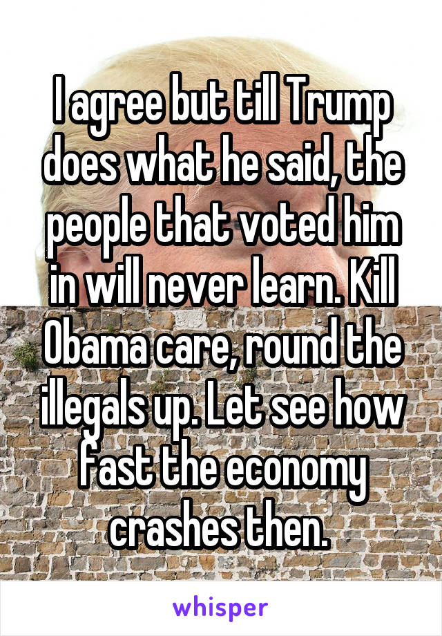 I agree but till Trump does what he said, the people that voted him in will never learn. Kill Obama care, round the illegals up. Let see how fast the economy crashes then. 