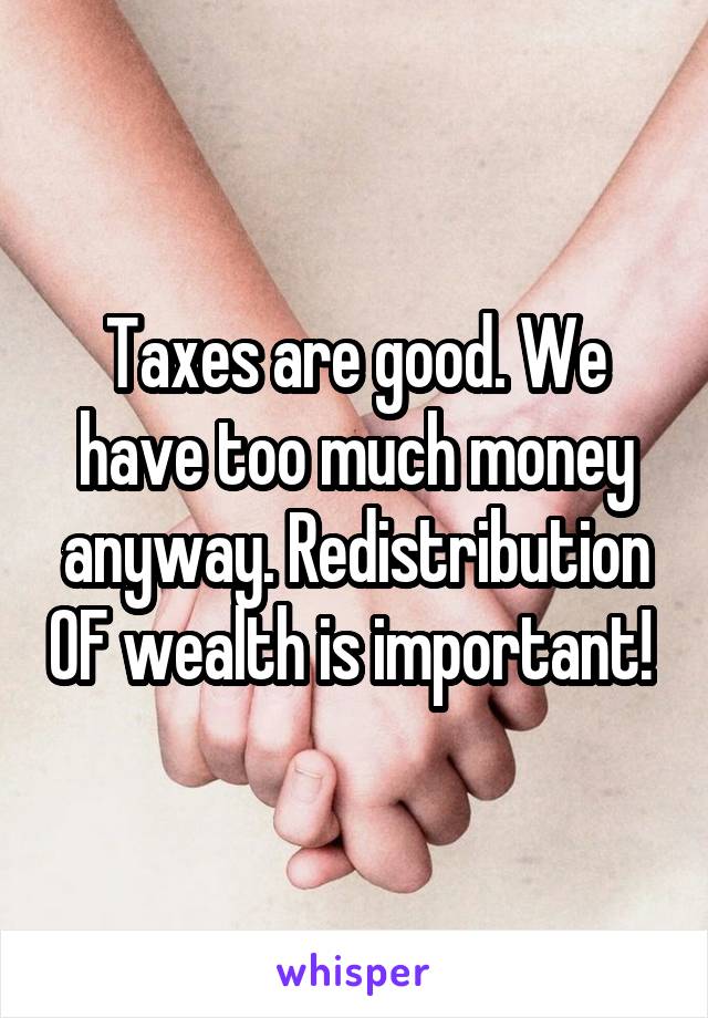 Taxes are good. We have too much money anyway. Redistribution OF wealth is important! 