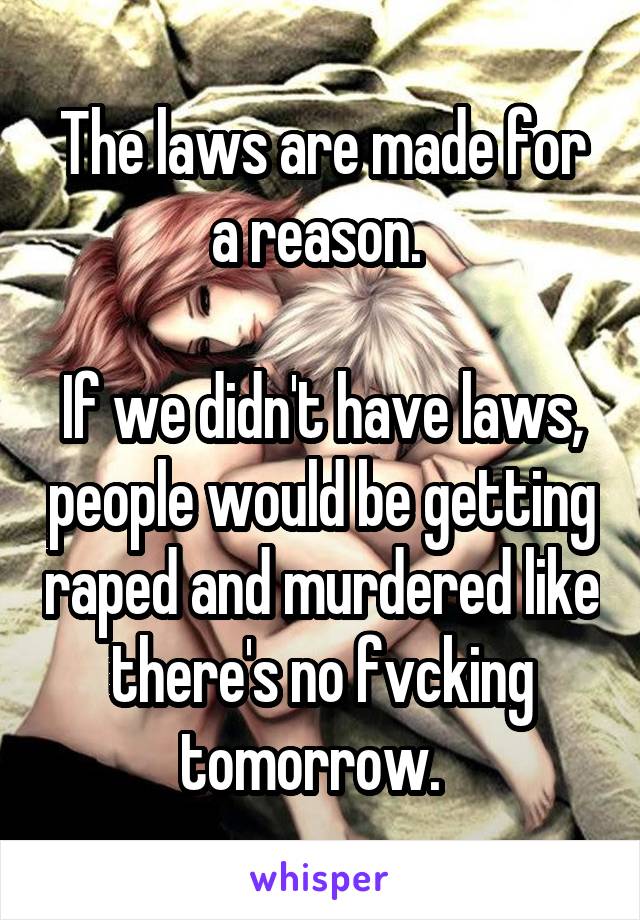 The laws are made for a reason. 

If we didn't have laws, people would be getting raped and murdered like there's no fvcking tomorrow.  