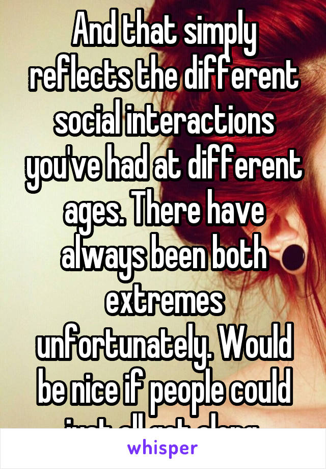 And that simply reflects the different social interactions you've had at different ages. There have always been both extremes unfortunately. Would be nice if people could just all get along.