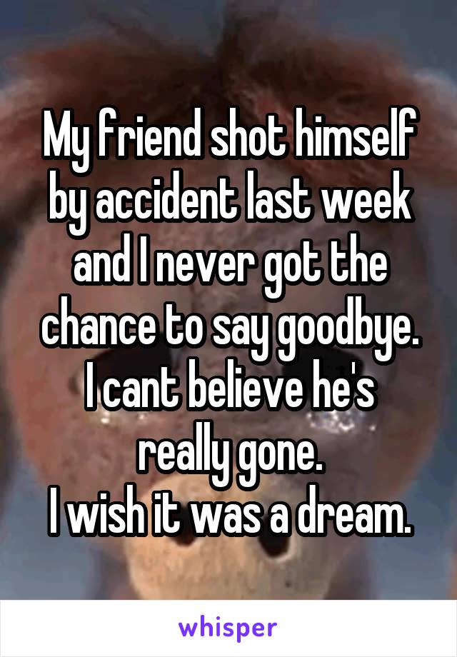 My friend shot himself by accident last week and I never got the chance to say goodbye.
I cant believe he's really gone.
I wish it was a dream.