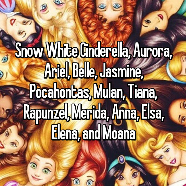 Bigham - Snow white - Cinderella - Aurora - Belle - Ariel - Jasmine -  Rapunzel - Merida - Tiana - Meg - Pocahontas - Mulan - Elsa - Anna Sorry  that