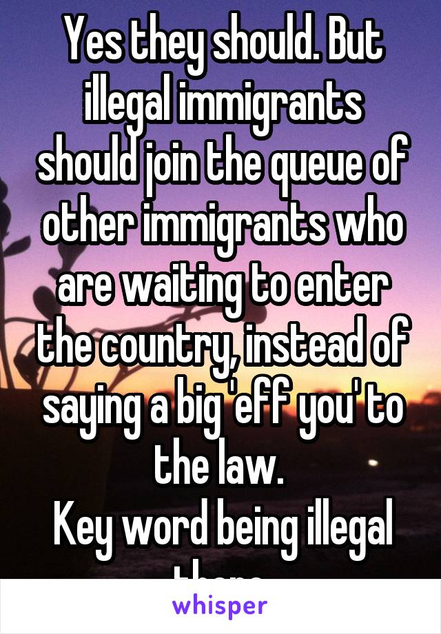 Yes they should. But illegal immigrants should join the queue of other immigrants who are waiting to enter the country, instead of saying a big 'eff you' to the law. 
Key word being illegal there.