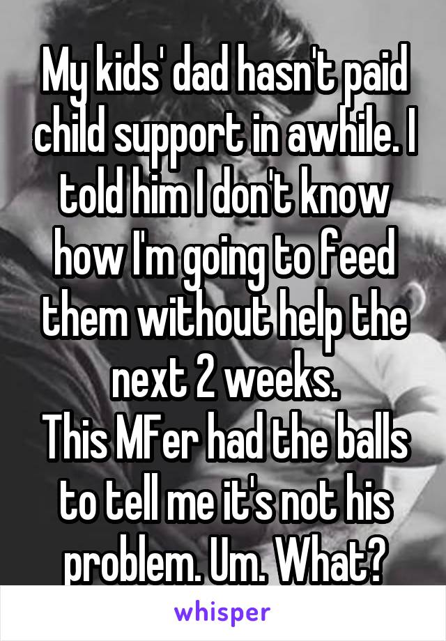 My kids' dad hasn't paid child support in awhile. I told him I don't know how I'm going to feed them without help the next 2 weeks.
This MFer had the balls to tell me it's not his problem. Um. What?