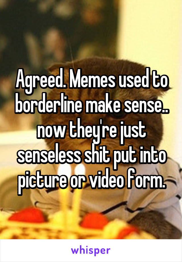 Agreed. Memes used to borderline make sense.. now they're just senseless shit put into picture or video form.