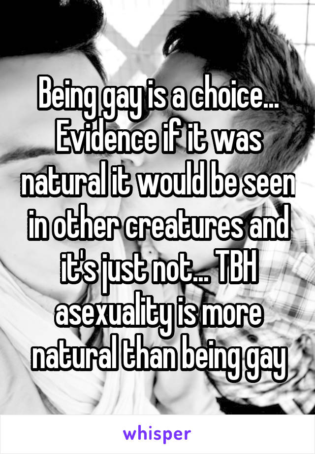 Being gay is a choice... Evidence if it was natural it would be seen in other creatures and it's just not... TBH asexuality is more natural than being gay