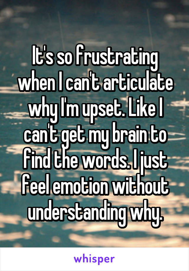 It's so frustrating when I can't articulate why I'm upset. Like I can't get my brain to find the words. I just feel emotion without understanding why.