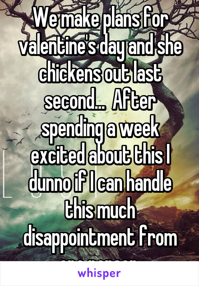 We make plans for valentine's day and she chickens out last second...  After spending a week excited about this I dunno if I can handle this much disappointment from one person.