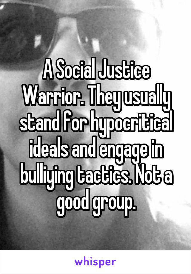 A Social Justice Warrior. They usually stand for hypocritical ideals and engage in bulliying tactics. Not a good group.