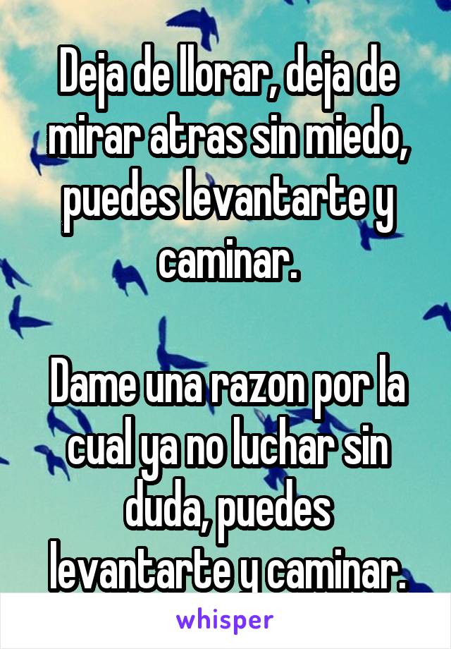 Deja de llorar, deja de mirar atras sin miedo, puedes levantarte y caminar.

Dame una razon por la cual ya no luchar sin duda, puedes levantarte y caminar.